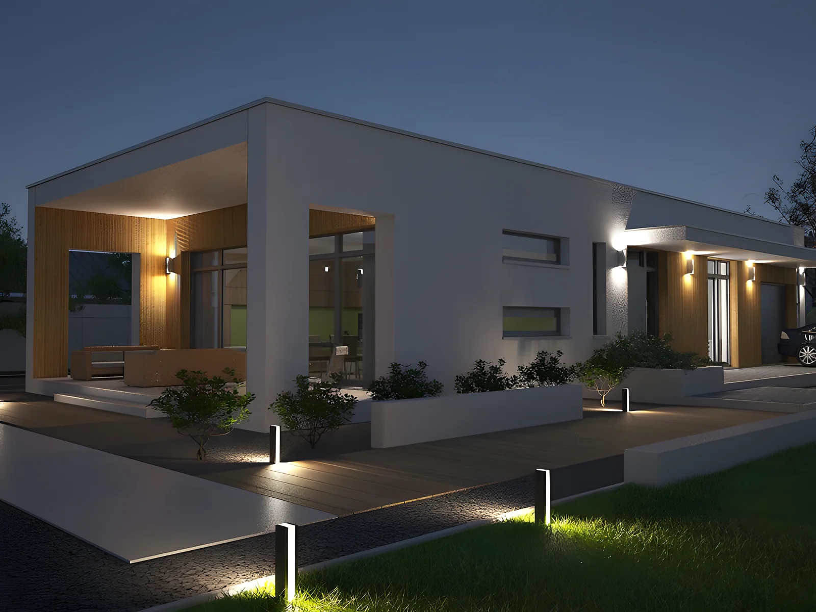 Maison container éclairée la nuit