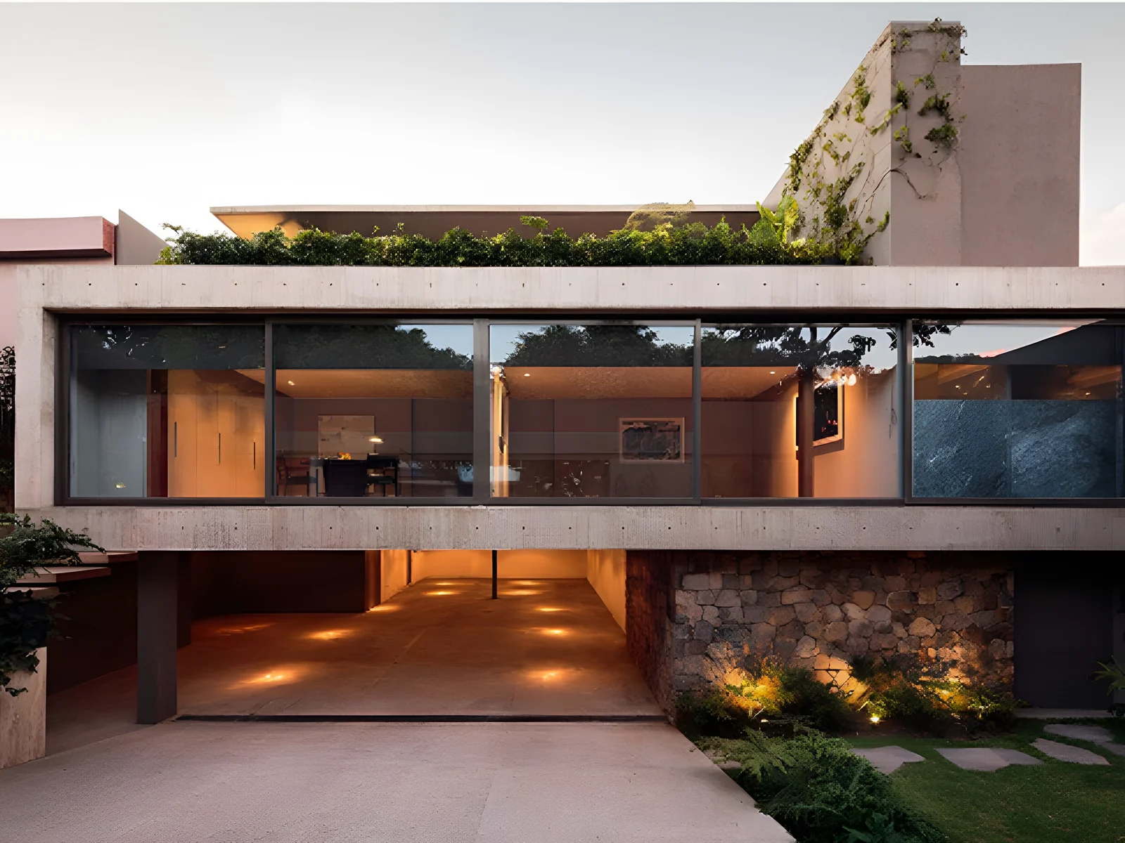 Maison container sur deux niveaux, pierre et béton