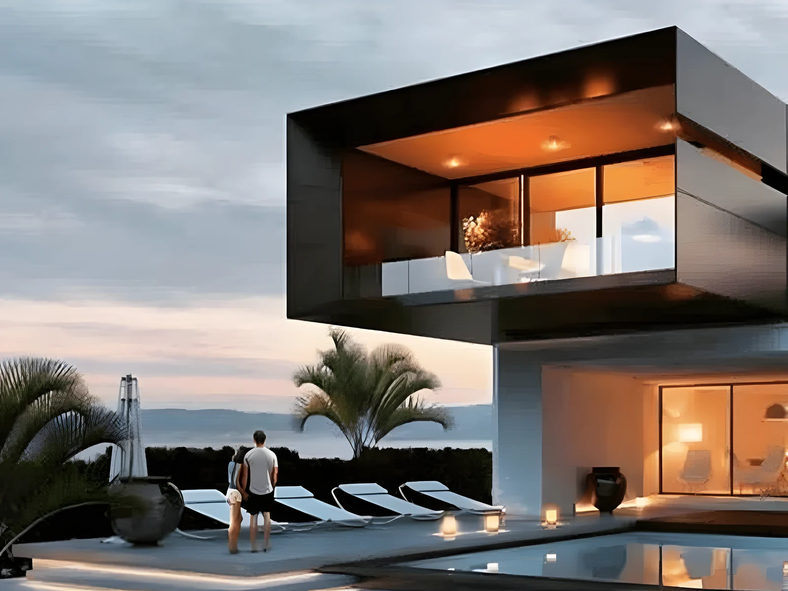 Maison container terminée, volume en porte-à-faux au-dessus d'une piscine