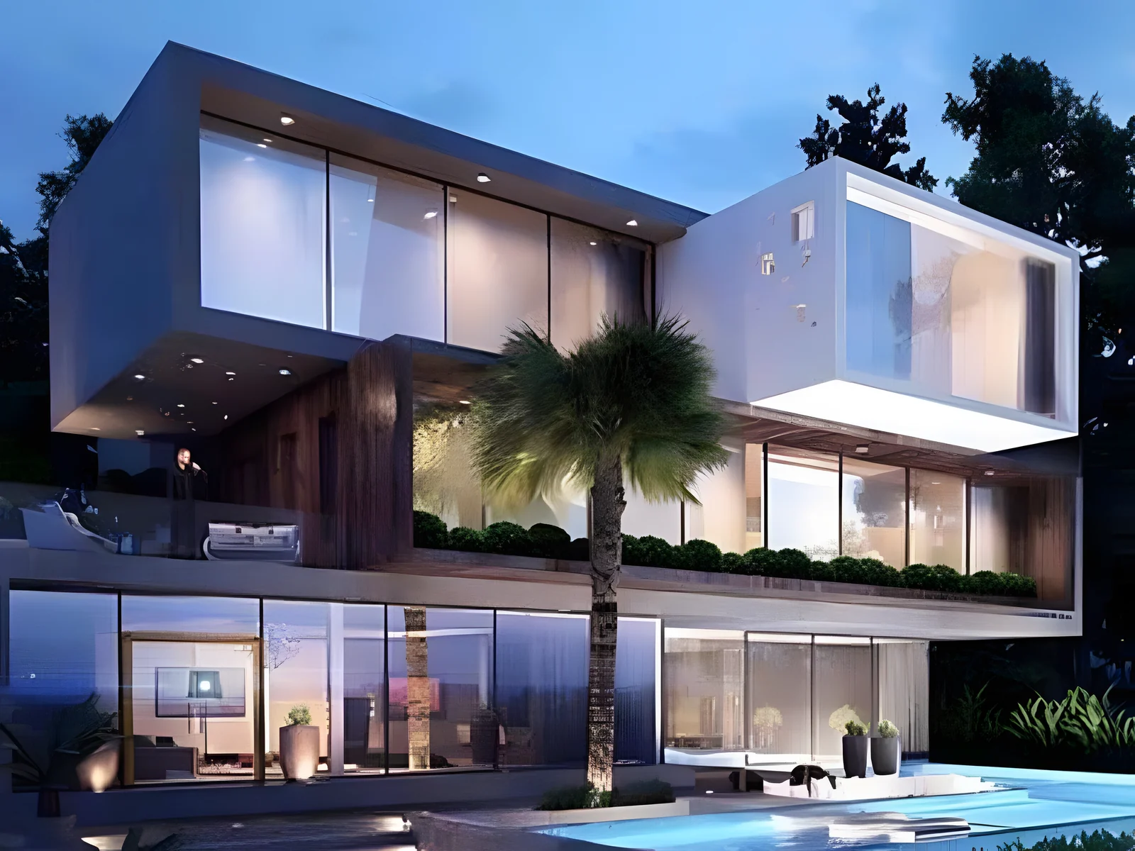 Maison container contemporaine en porte-à-faux, éclairée à la tombée de la nuit